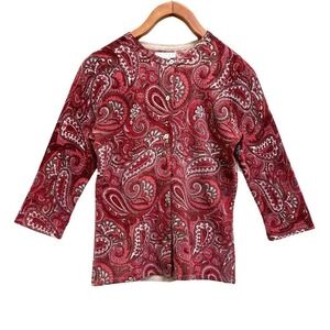 Tweeds Lambs Wool Angora Blend Red Pink Paisley 3/4 Sleeve Cardigan Size Small P